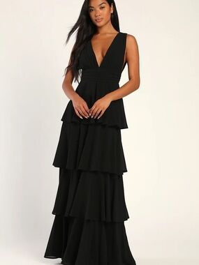 Lulu's Black Tiered V-Neck Maxi Dress HEMMED for someone 5’-5’-3”